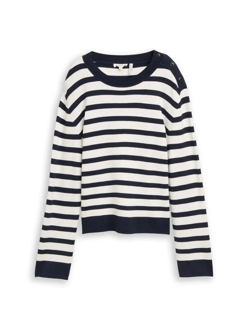 knit milano sweater with butto, white sky blue knit stripe