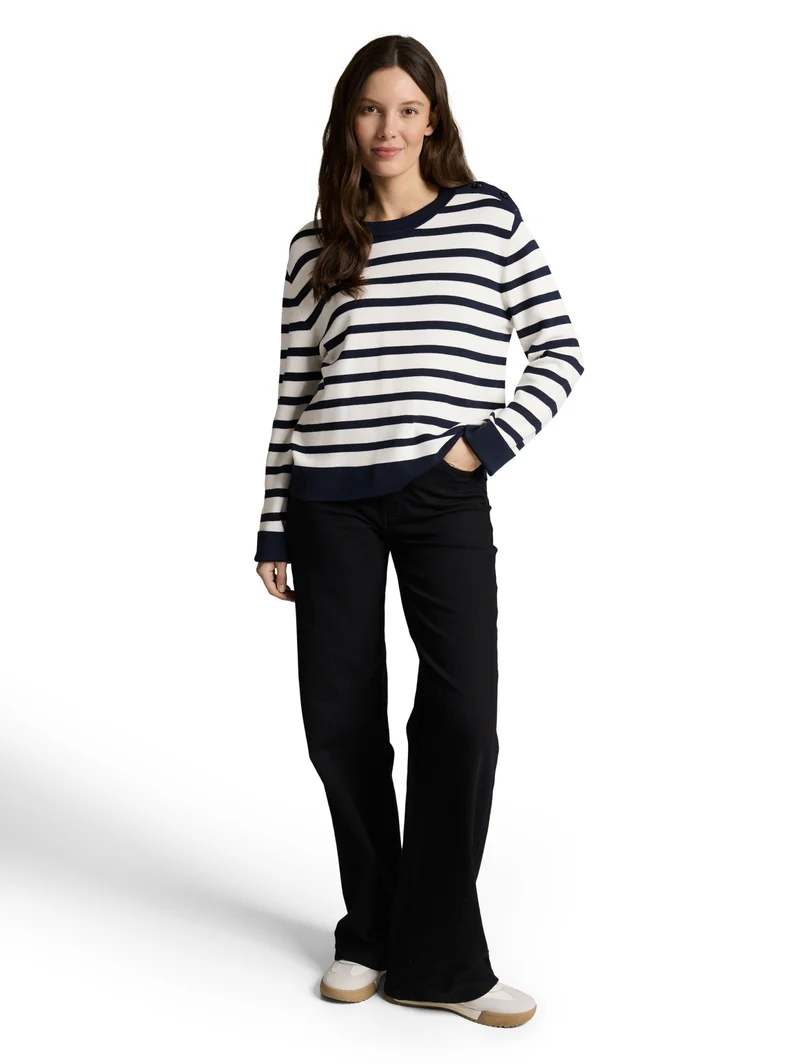 knit milano sweater with butto, white sky blue knit stripe
