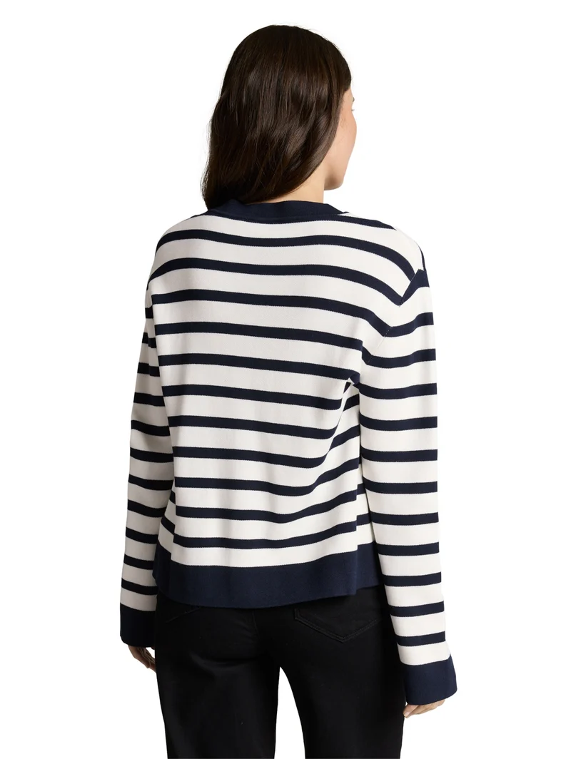 knit milano sweater with butto, white sky blue knit stripe