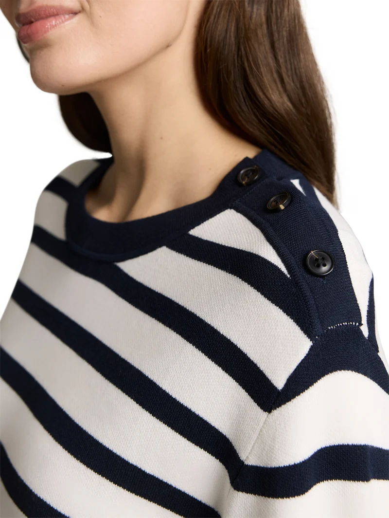 knit milano sweater with butto, white sky blue knit stripe