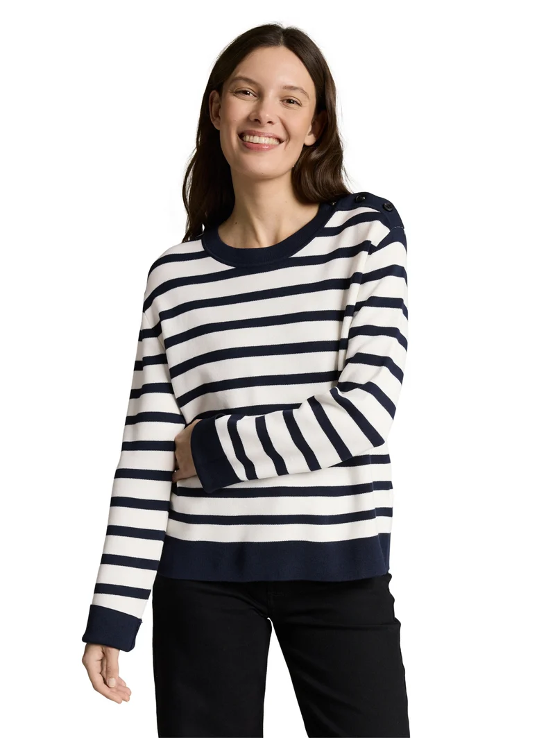 knit milano sweater with butto, white sky blue knit stripe