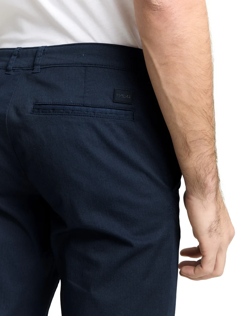 slim printed chino, navy mini geometric print