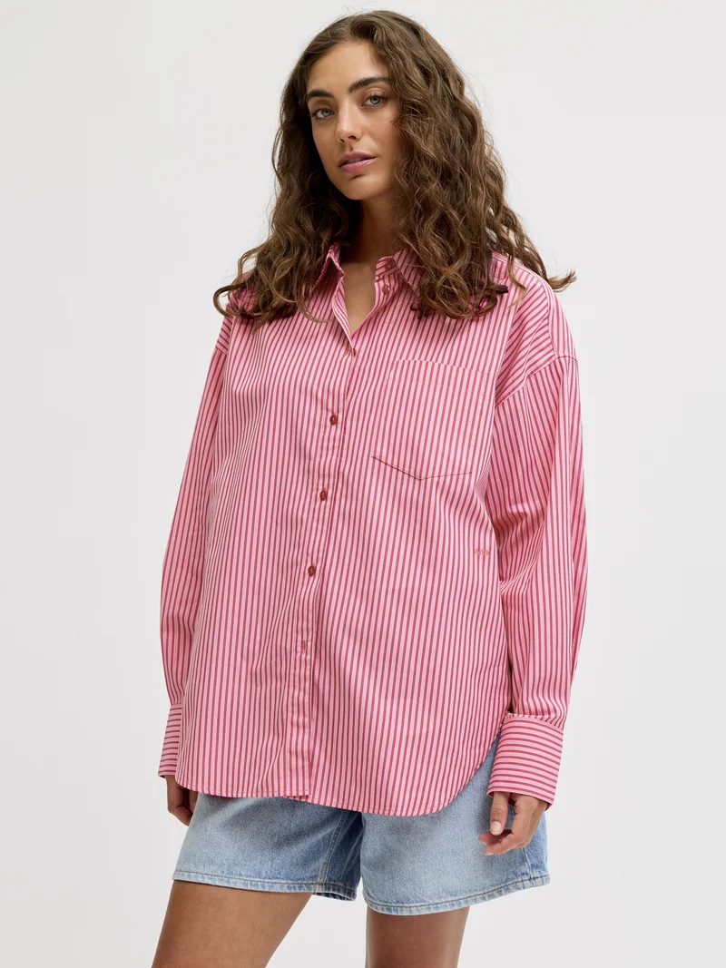 JXJAMIE LS RELAXED POPLIN SHIRT WVN, Cerise/STRIPE