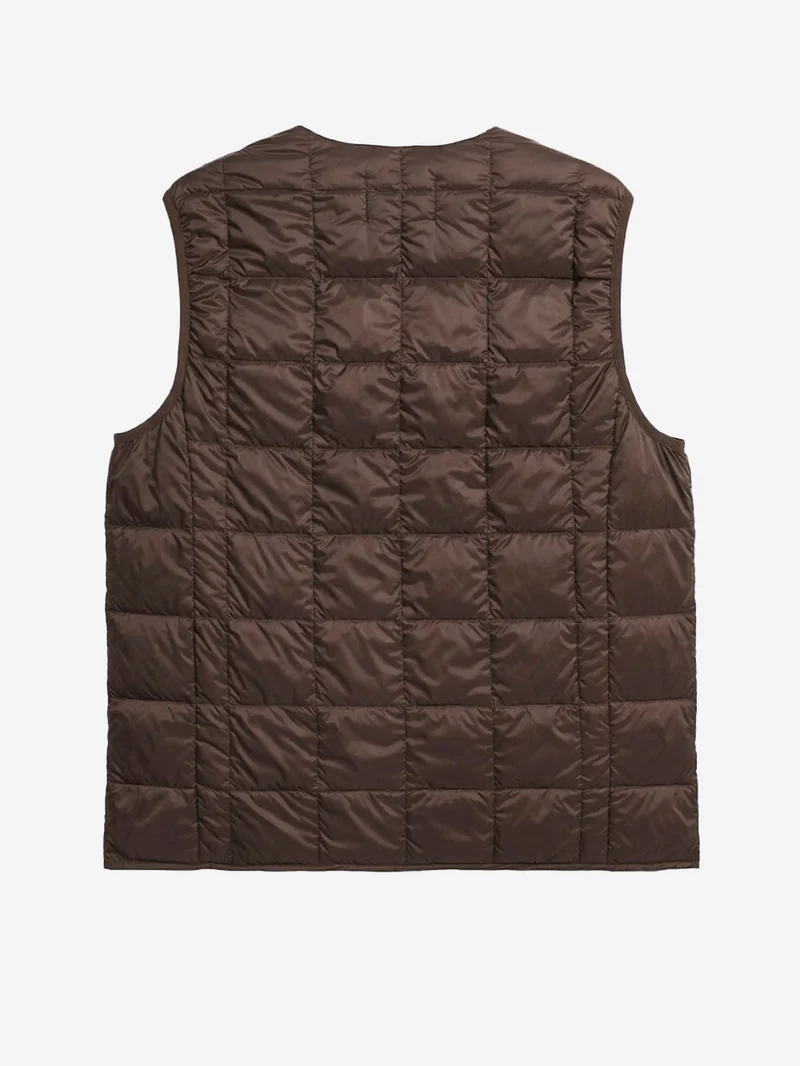 Gilet marrone imbottito in piuma con scollo a V