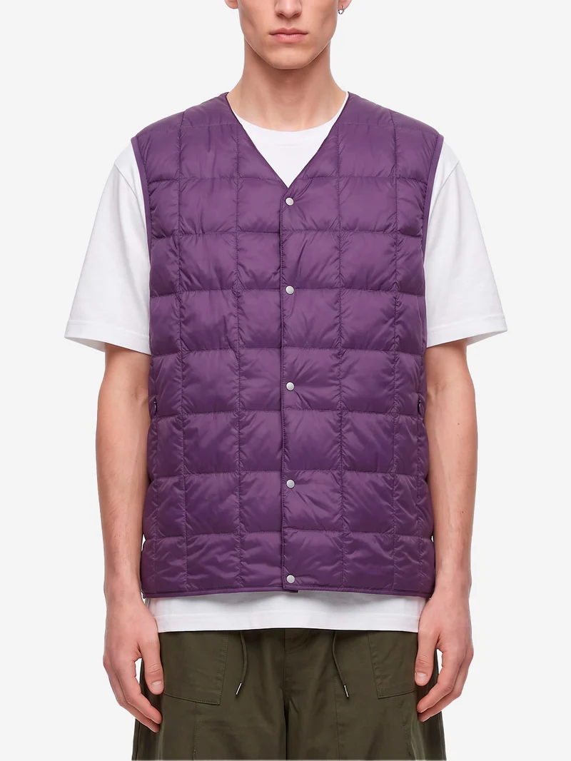 Gilet viola imbottito in piuma con scollo a V