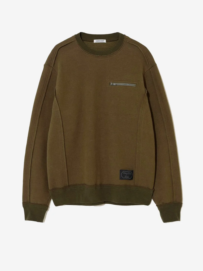 Felpa girocollo raw-cut khaki con tasca con zip