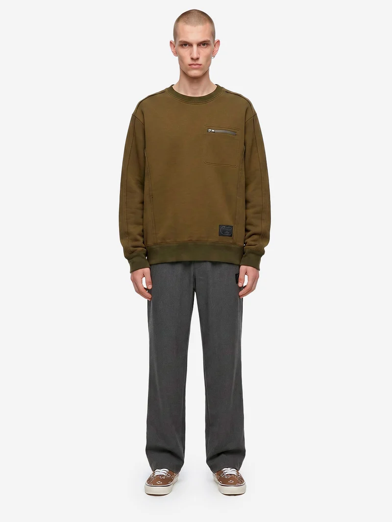 Felpa girocollo raw-cut khaki con tasca con zip
