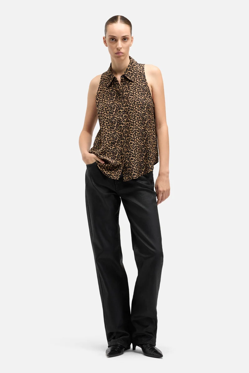 Sleeveless Silk Button Down in Leo