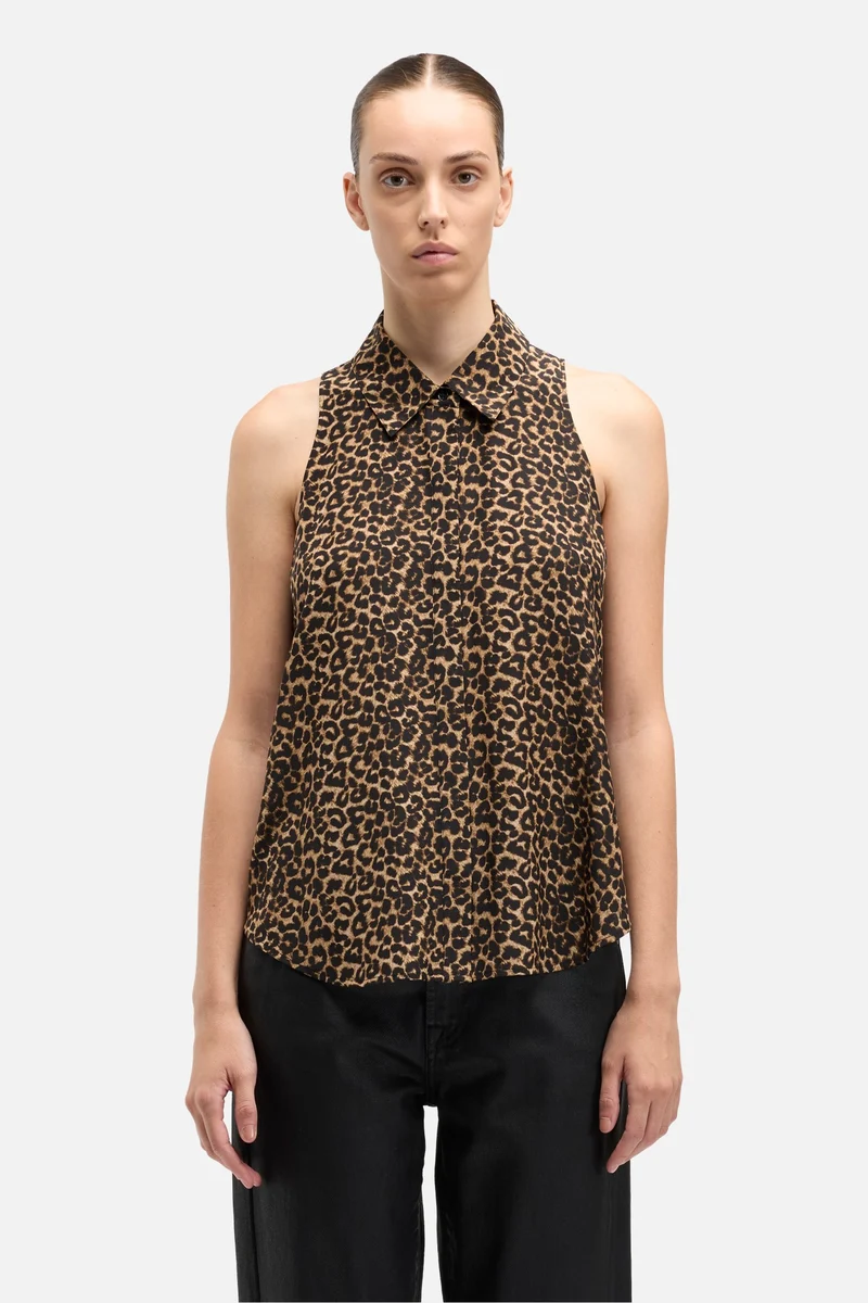 Sleeveless Silk Button Down in Leo