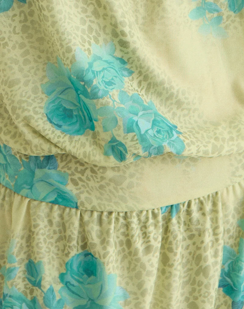 Sunyi-Minikleid in „Green Blurred Jungle“ mit türkisfarbener Rose