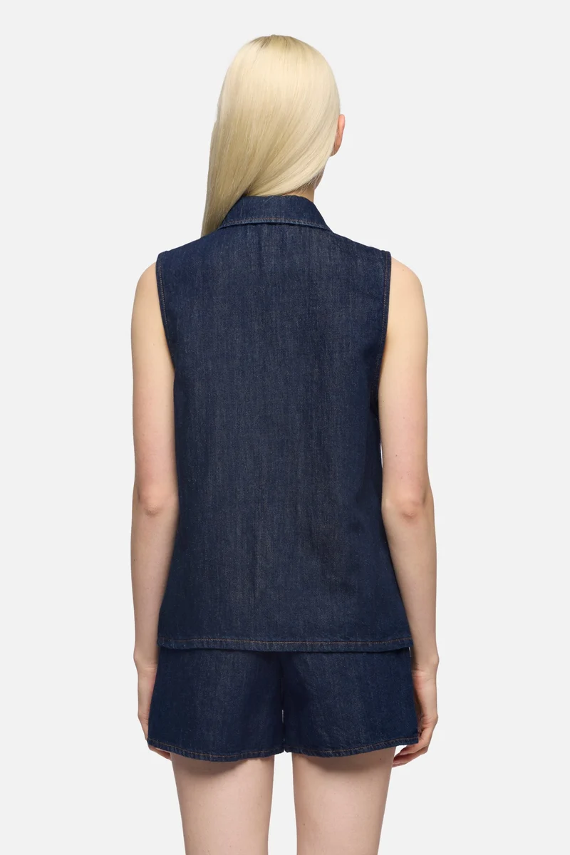 SLEEVELESS SHIRT in Indigo Linen Blossom