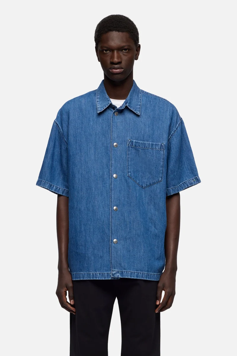 SHORT SLEEVE DENIM OVERSHIRT in Indigo Linen Cloudbreak