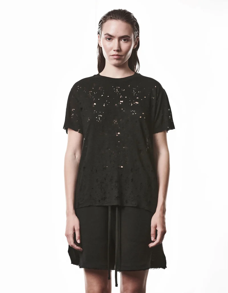 Destroyed-Look Leinen-Mix T-Shirt