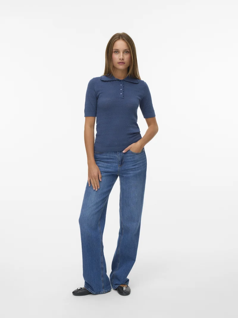 VMLIMONE SS SCALLOP POLONECK PULL B, Dark Denim