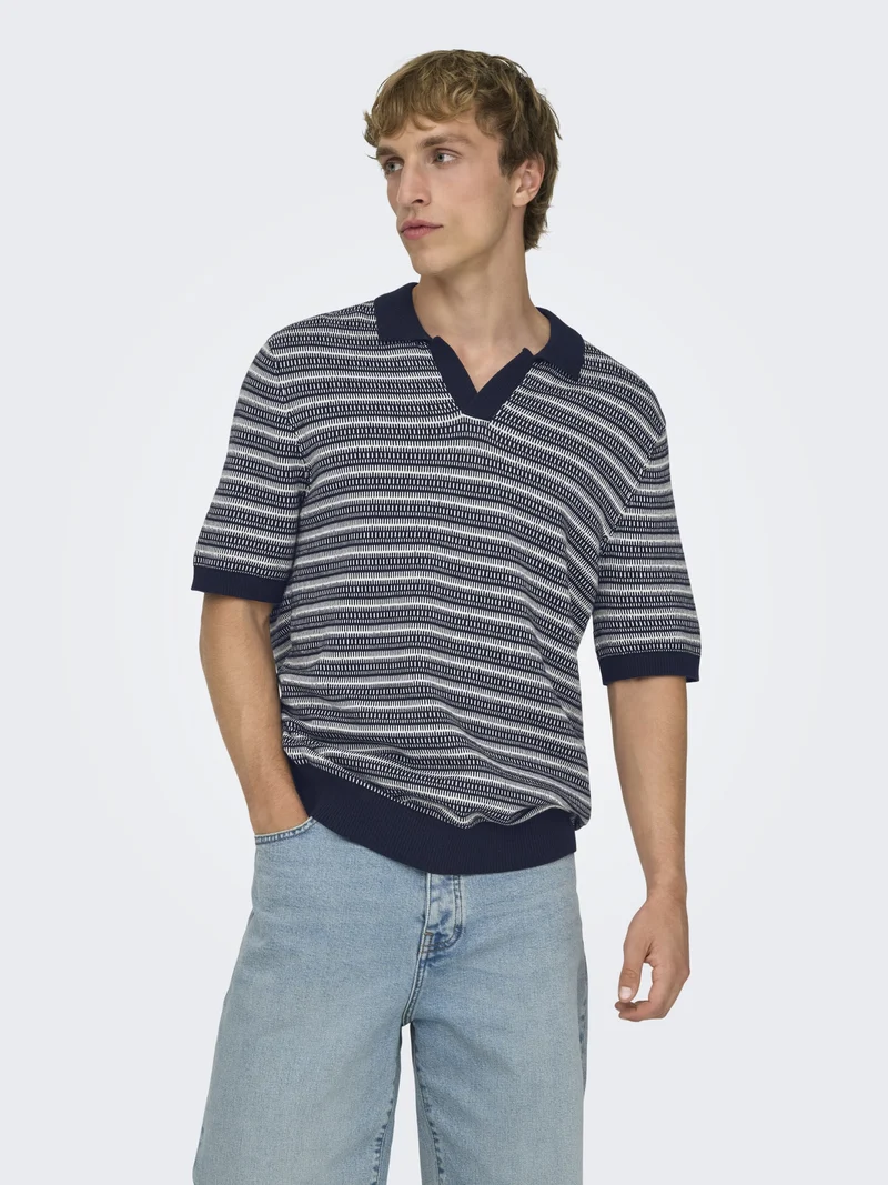 ONSTILO LIFE REG SS SPLIT NECK KNIT, Dark Sapphire/GARDENIA