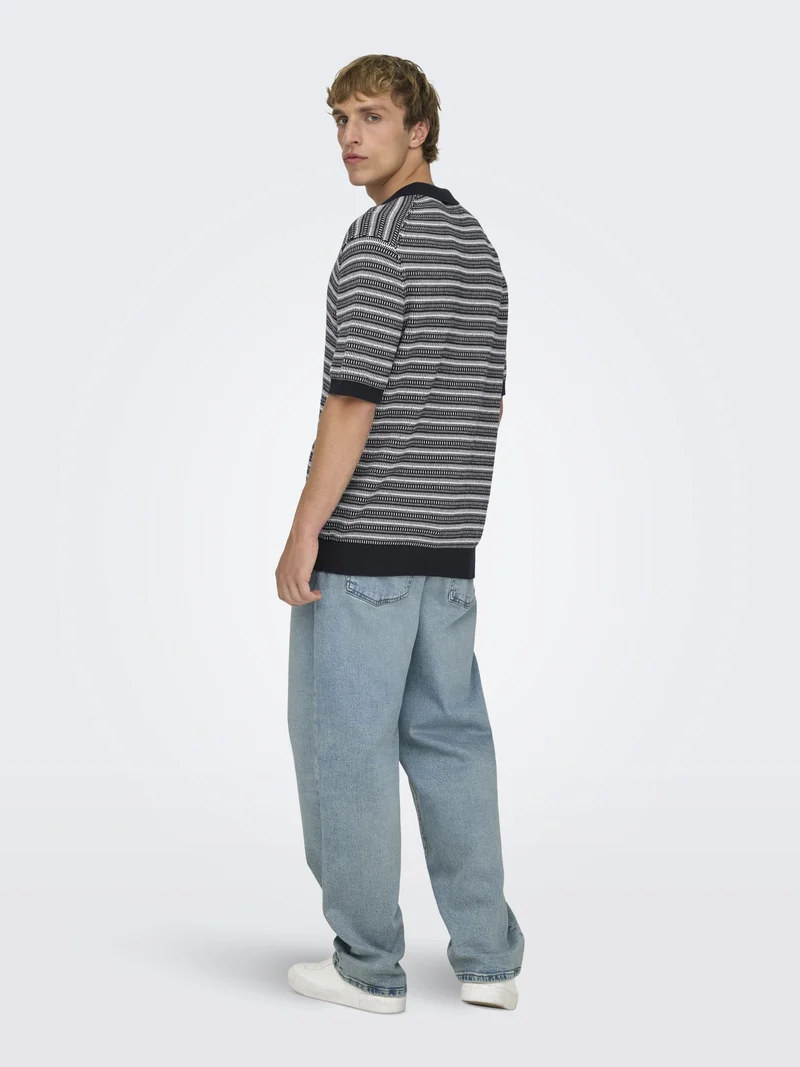 ONSTILO LIFE REG SS SPLIT NECK KNIT, Dark Sapphire/GARDENIA