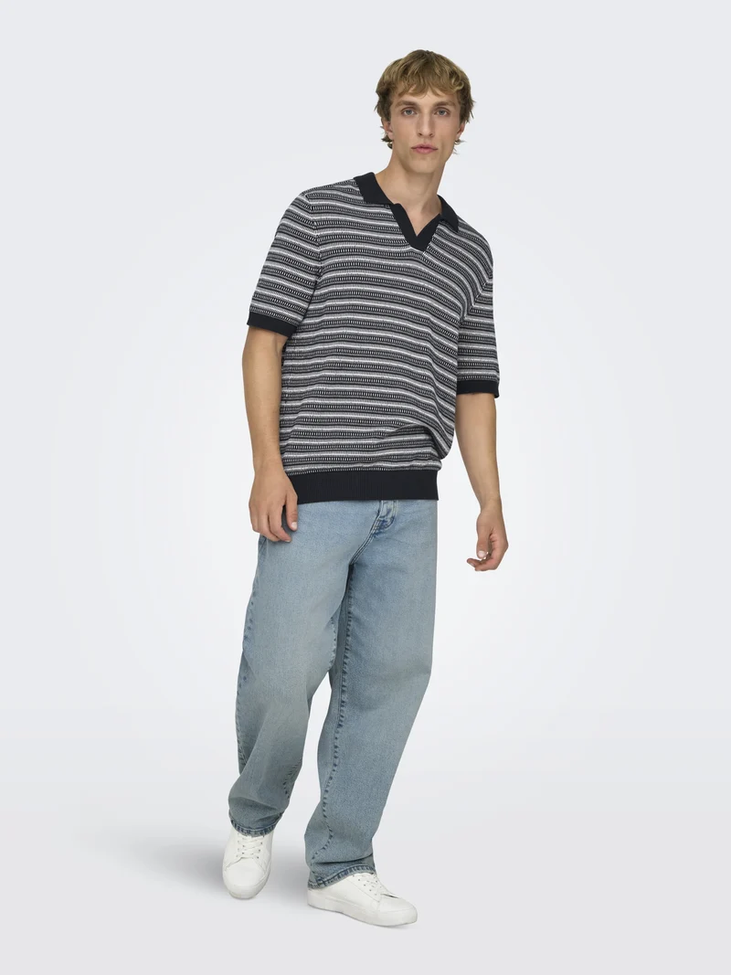 ONSTILO LIFE REG SS SPLIT NECK KNIT, Dark Sapphire/GARDENIA