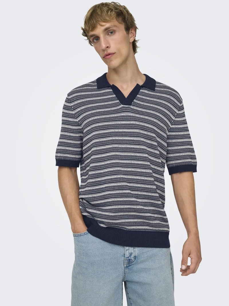ONSTILO LIFE REG SS SPLIT NECK KNIT, Dark Sapphire/GARDENIA