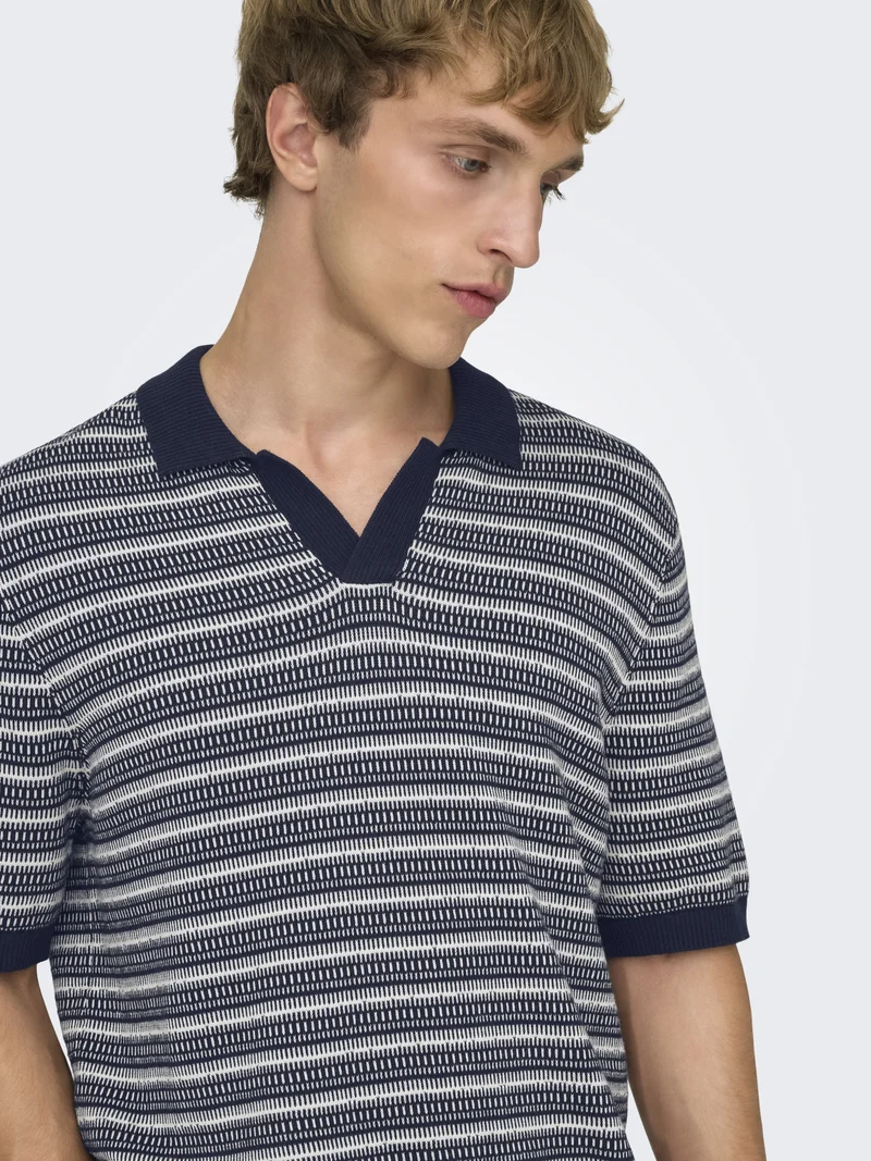 ONSTILO LIFE REG SS SPLIT NECK KNIT, Dark Sapphire/GARDENIA