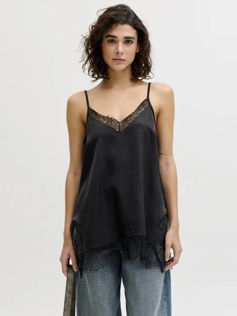 JXVIMA SINGLET SATIN LACE LONG TOP, Black