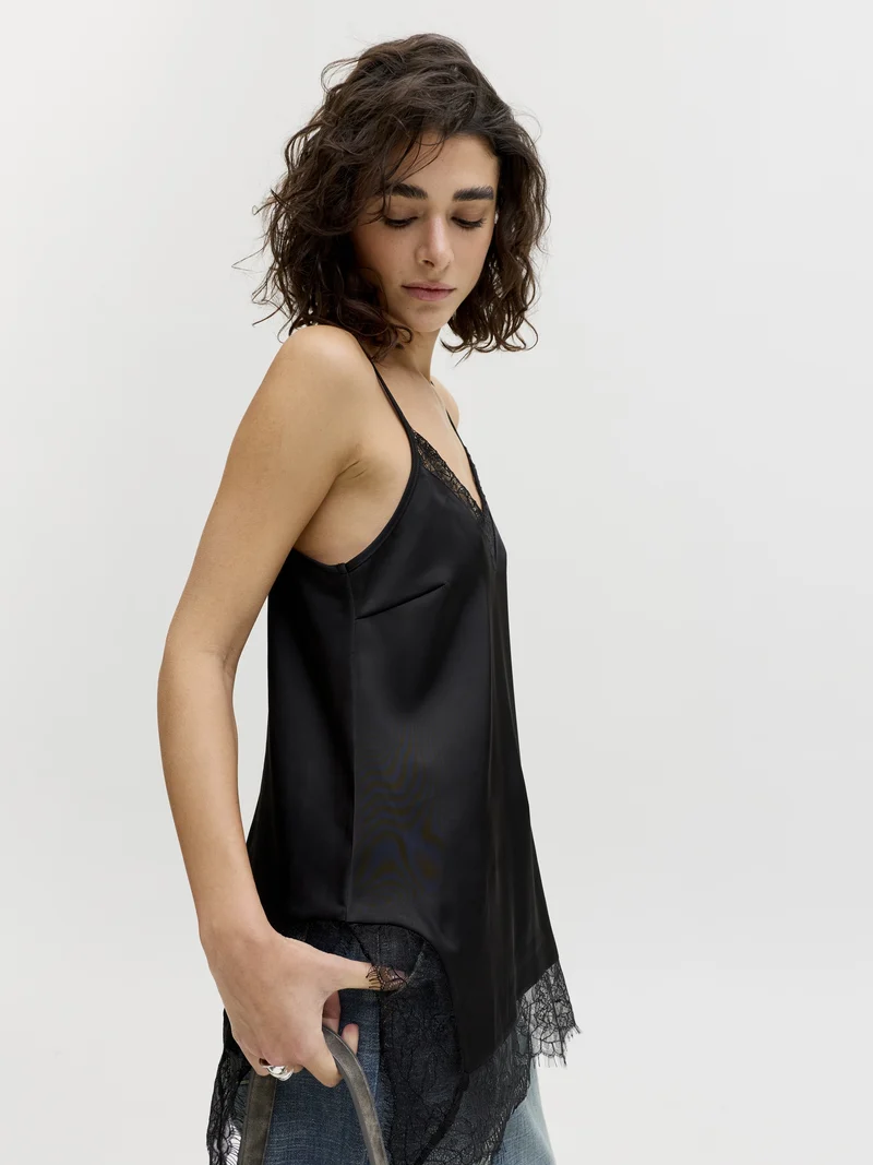 JXVIMA SINGLET SATIN LACE LONG TOP, Black