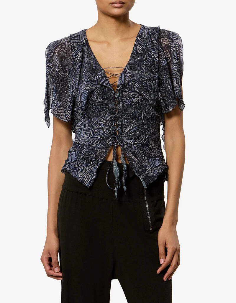 Gemustertes Seiden-Top Thanais mit Bindedetails