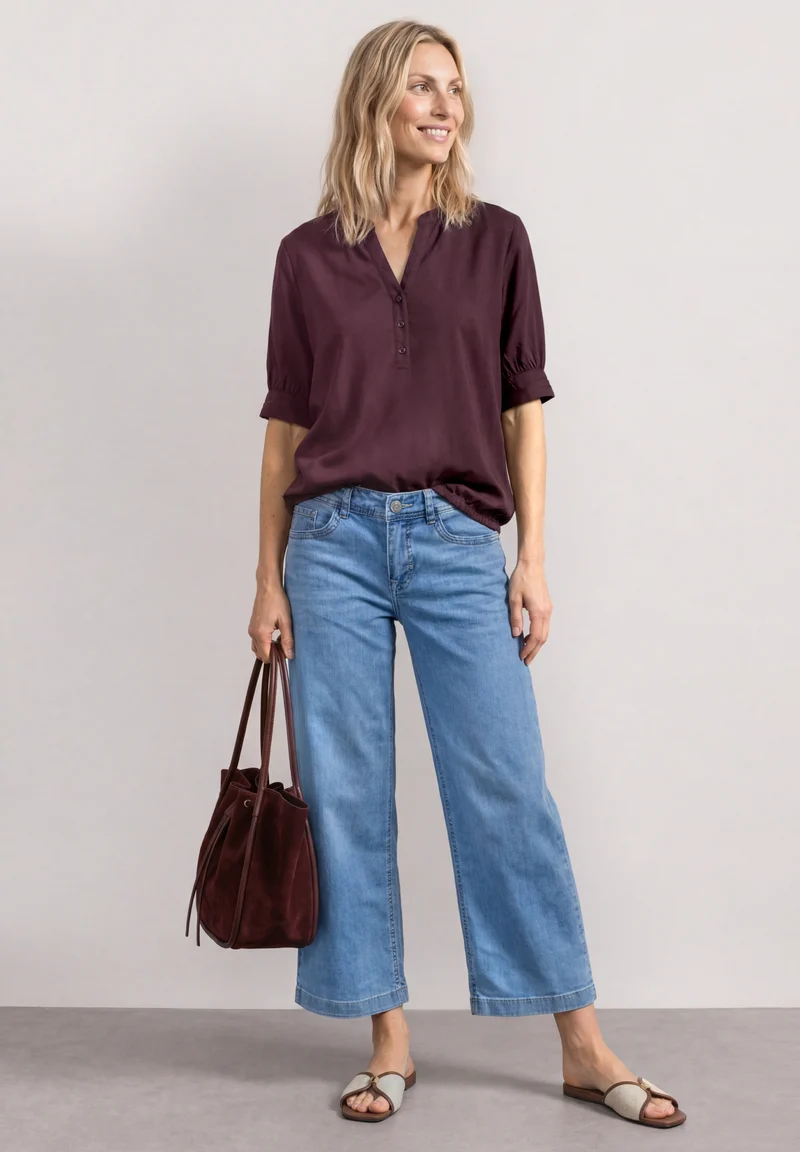 LTD QR Splitneck blouse w gath, rustic rouge