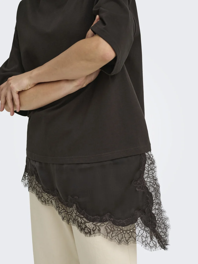 JDYALMA 2/4 LACE DETAIL T-SHIRT JRS, Chocolate Torte