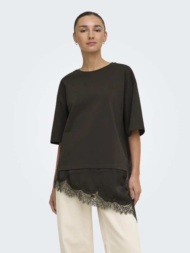 JDYALMA 2/4 LACE DETAIL T-SHIRT JRS, Chocolate Torte