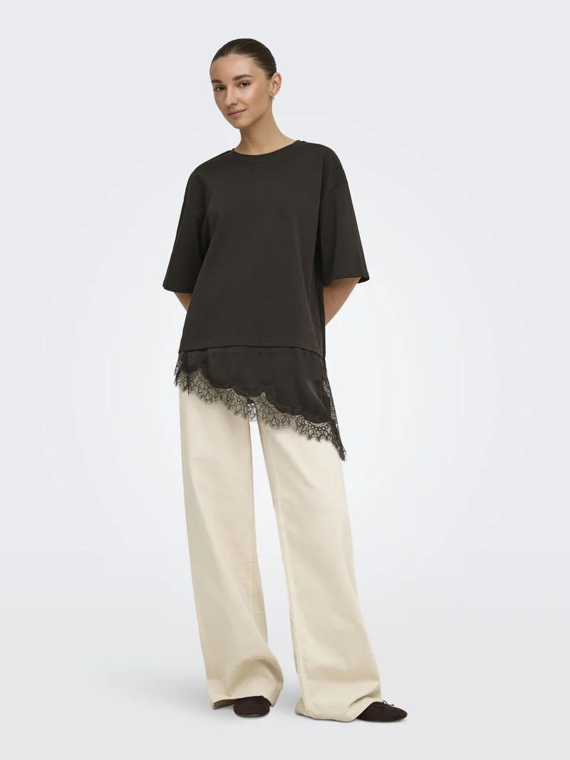 JDYALMA 2/4 LACE DETAIL T-SHIRT JRS, Chocolate Torte