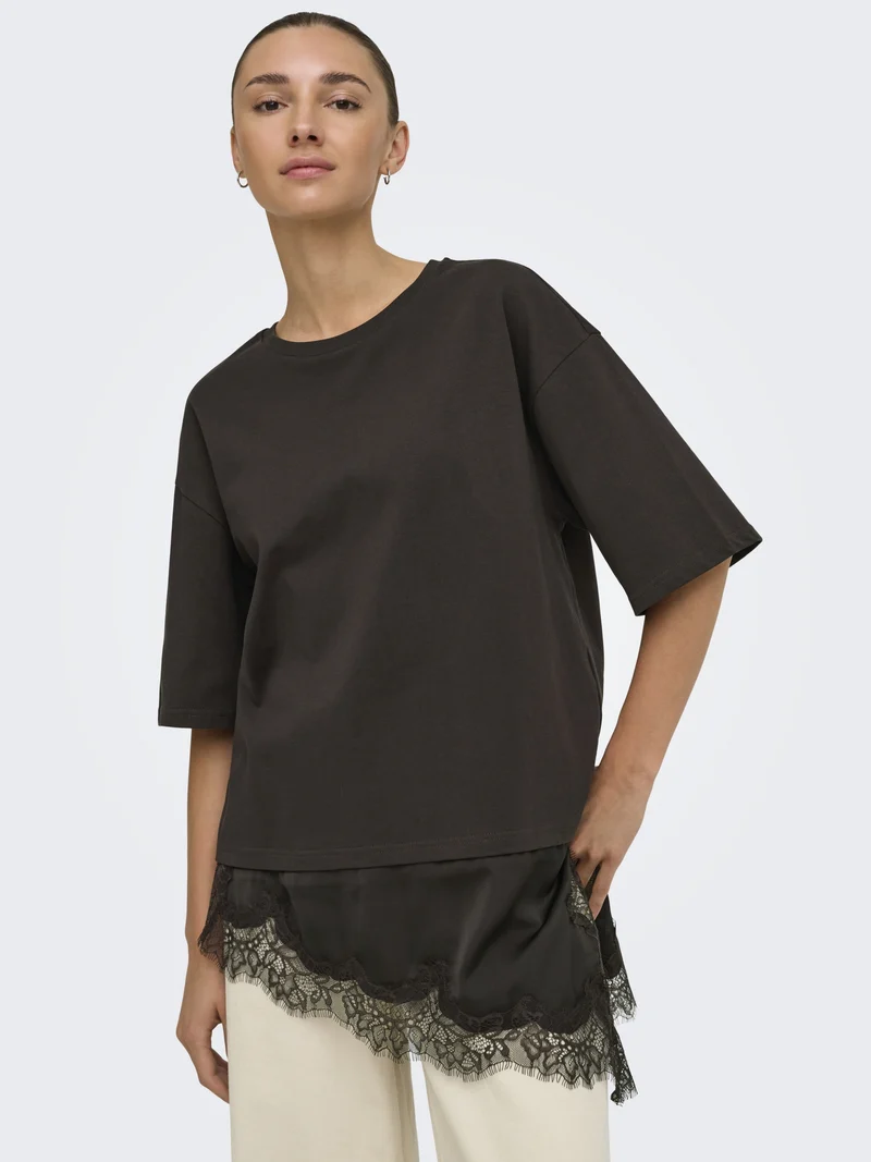 JDYALMA 2/4 LACE DETAIL T-SHIRT JRS, Chocolate Torte