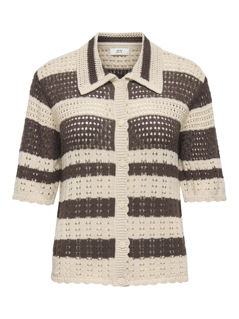 JDYROBIN 2/4 COLLAR CARDIGAN KNT NO, Sandshell/WITH BRACKEN STRIPES