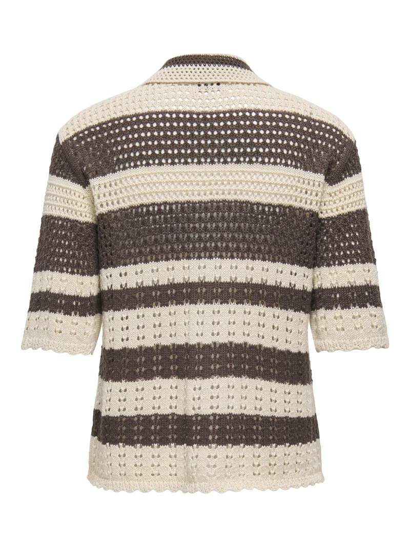 JDYROBIN 2/4 COLLAR CARDIGAN KNT NO, Sandshell/WITH BRACKEN STRIPES