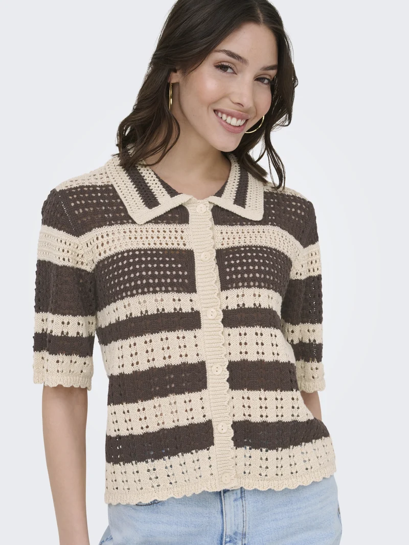 JDYROBIN 2/4 COLLAR CARDIGAN KNT NO, Sandshell/WITH BRACKEN STRIPES
