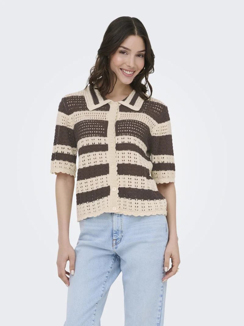 JDYROBIN 2/4 COLLAR CARDIGAN KNT NO, Sandshell/WITH BRACKEN STRIPES