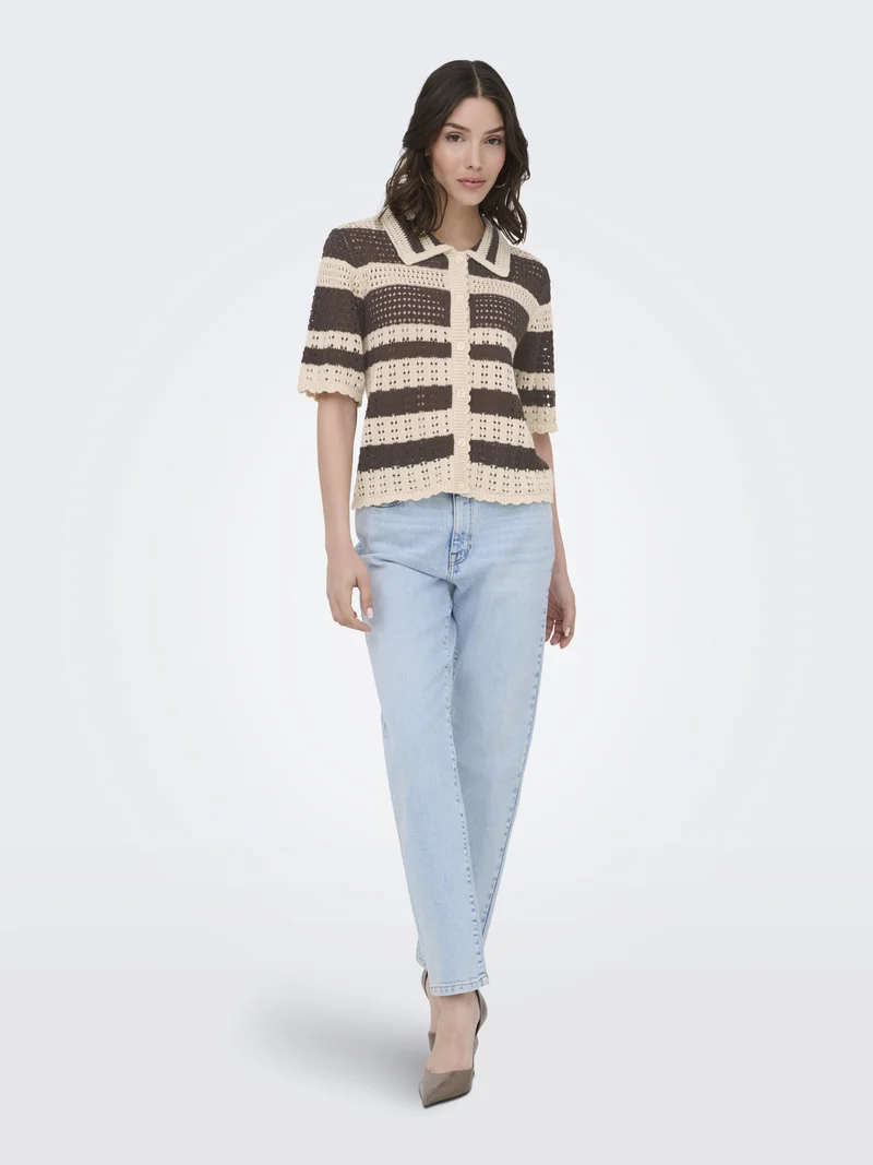 JDYROBIN 2/4 COLLAR CARDIGAN KNT NO, Sandshell/WITH BRACKEN STRIPES