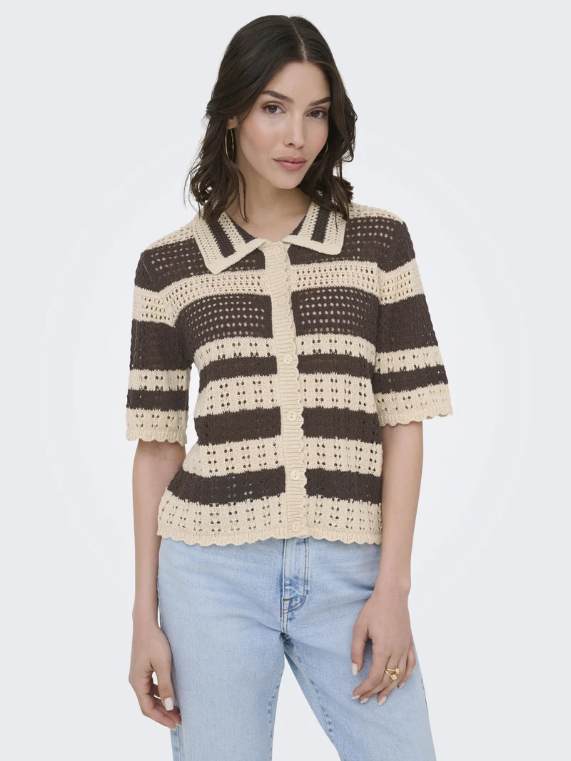 JDYROBIN 2/4 COLLAR CARDIGAN KNT NO, Sandshell/WITH BRACKEN STRIPES