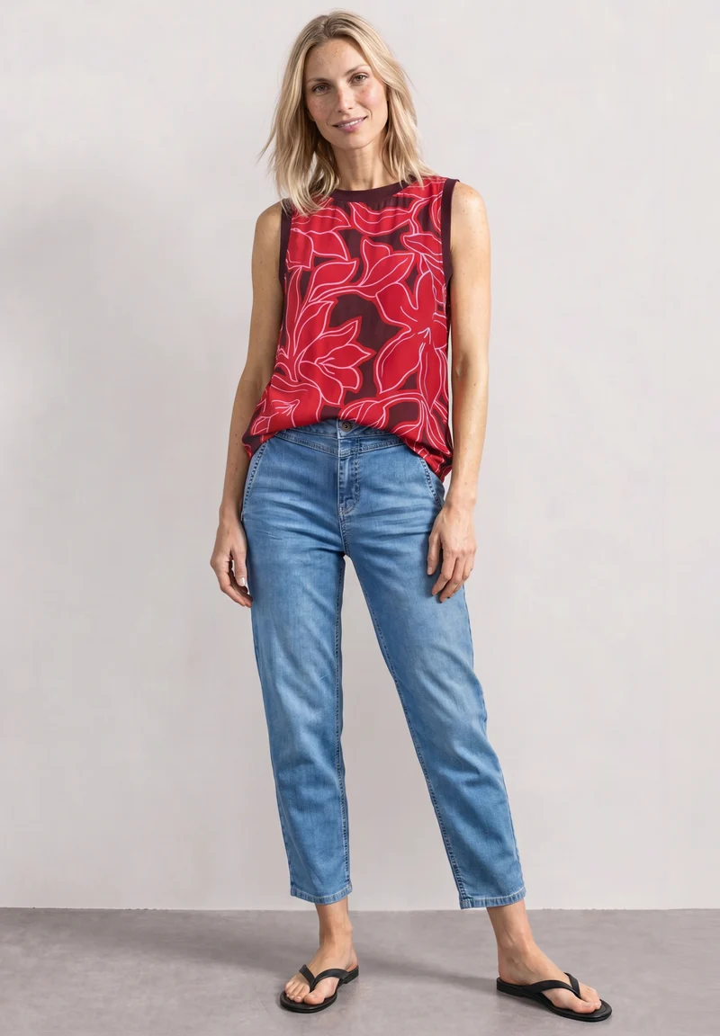 Blousetop w tape detail AOP, salsa red