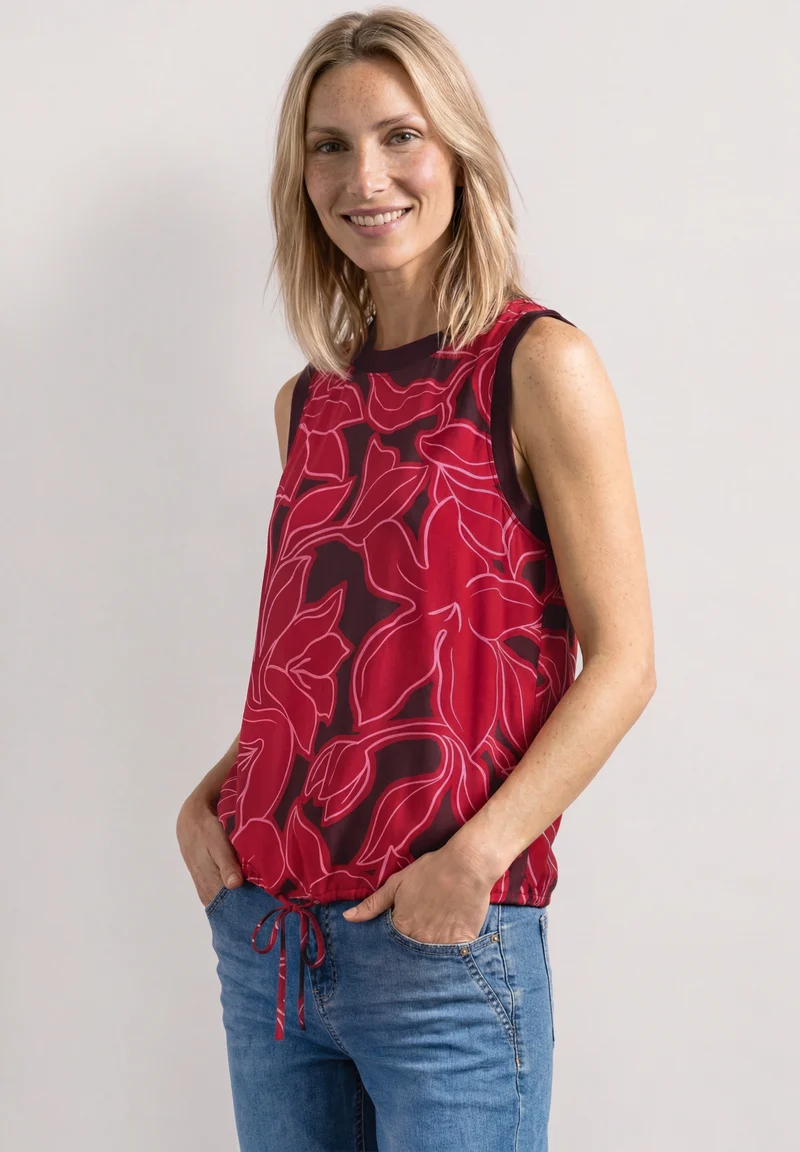 Blousetop w tape detail AOP, salsa red