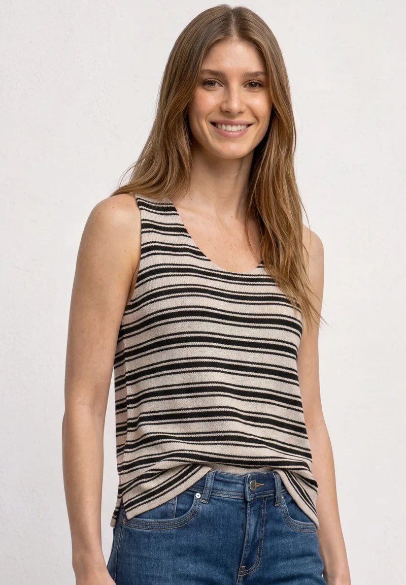knit look stripe top, Black