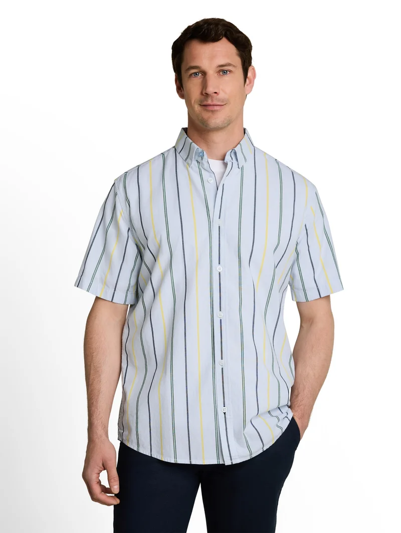 colorful striped oxford shirt, light blue irregular stripe