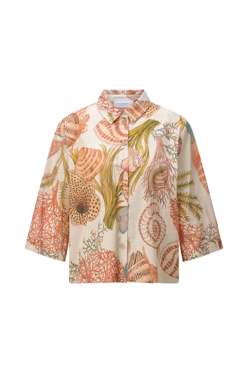 Printed Short Sleeves Blouse, soft papaya