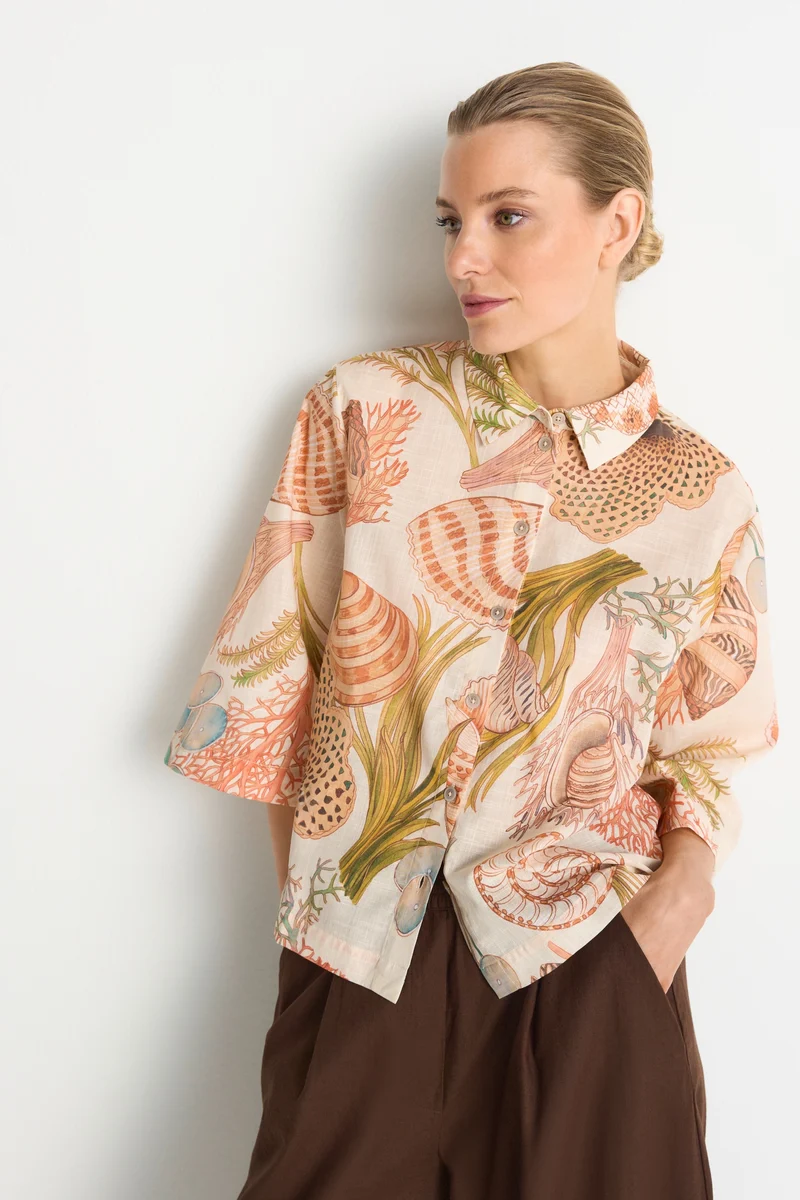 Printed Short Sleeves Blouse, soft papaya