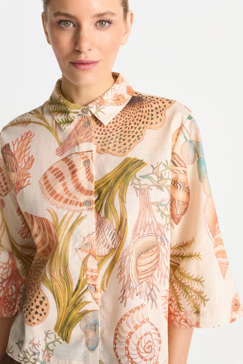 Printed Short Sleeves Blouse, soft papaya