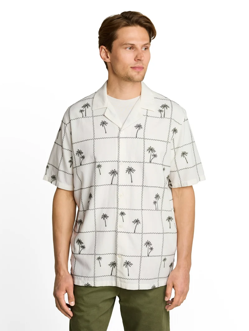 relaxed embroidered resort shi, wool white palm embro design