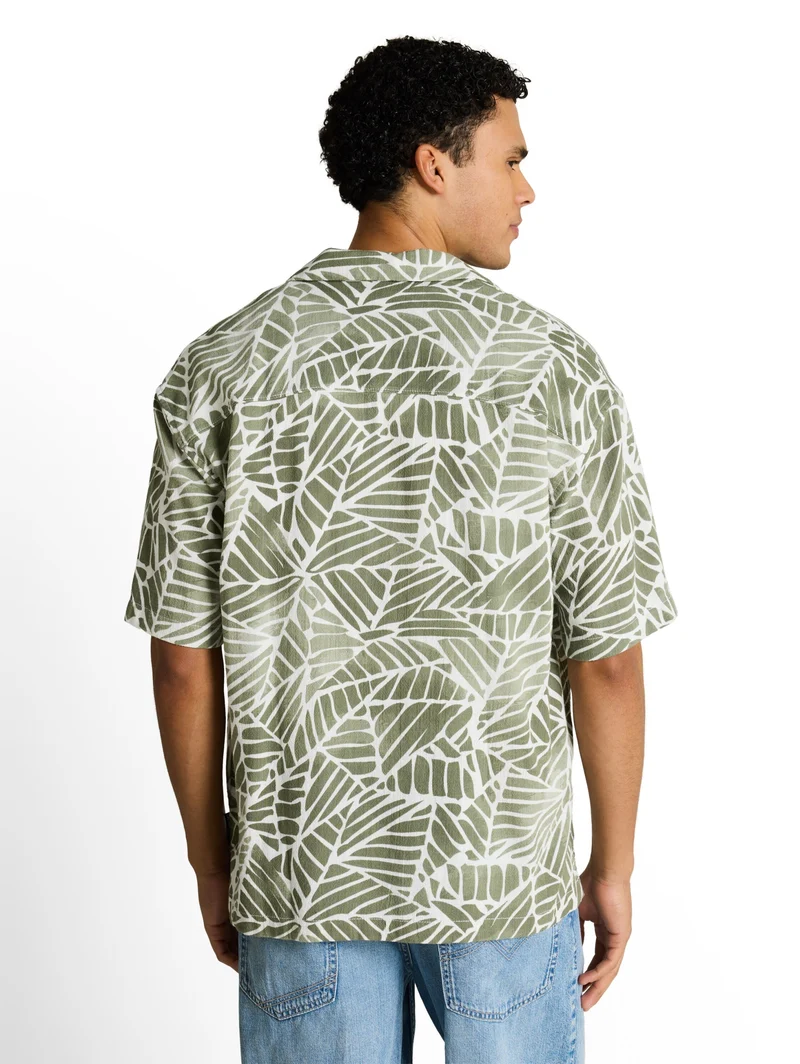 loose viscose cotton resort sh, green abstract leaf print