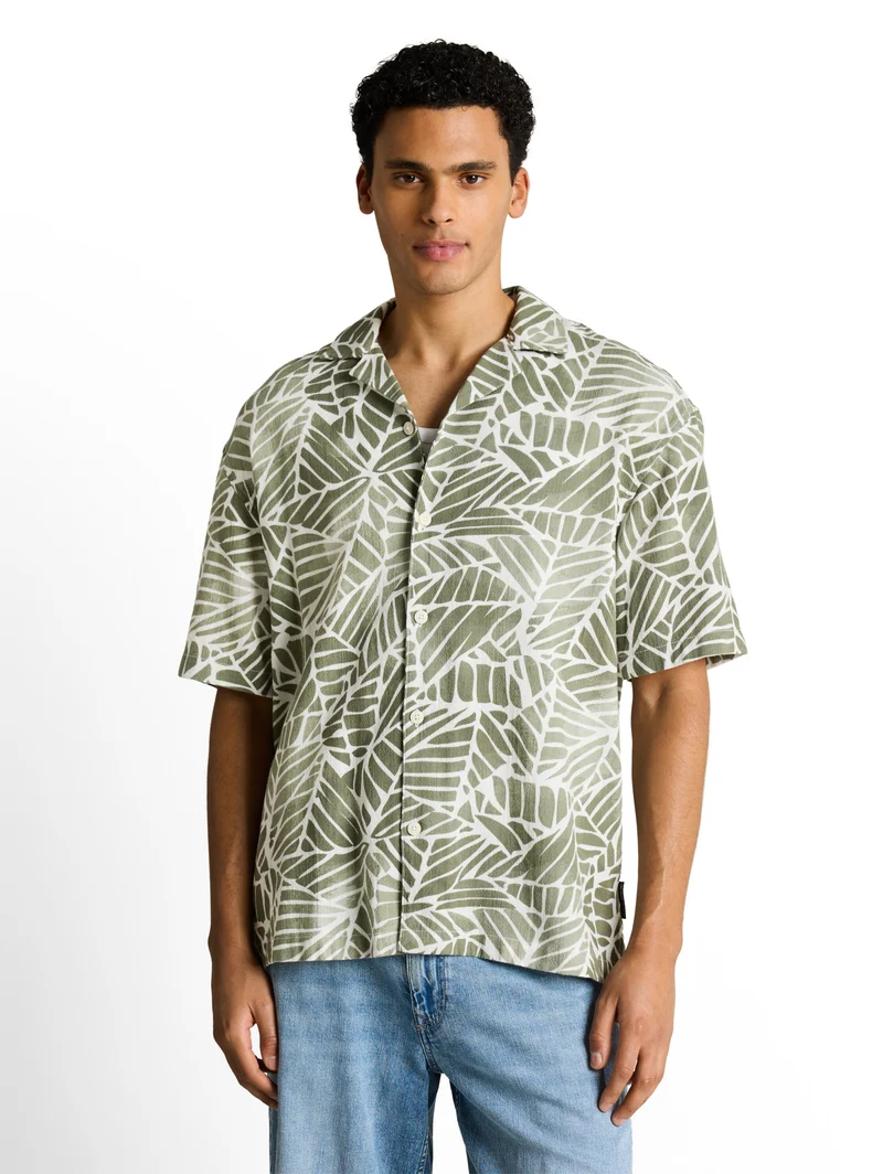 loose viscose cotton resort sh, green abstract leaf print
