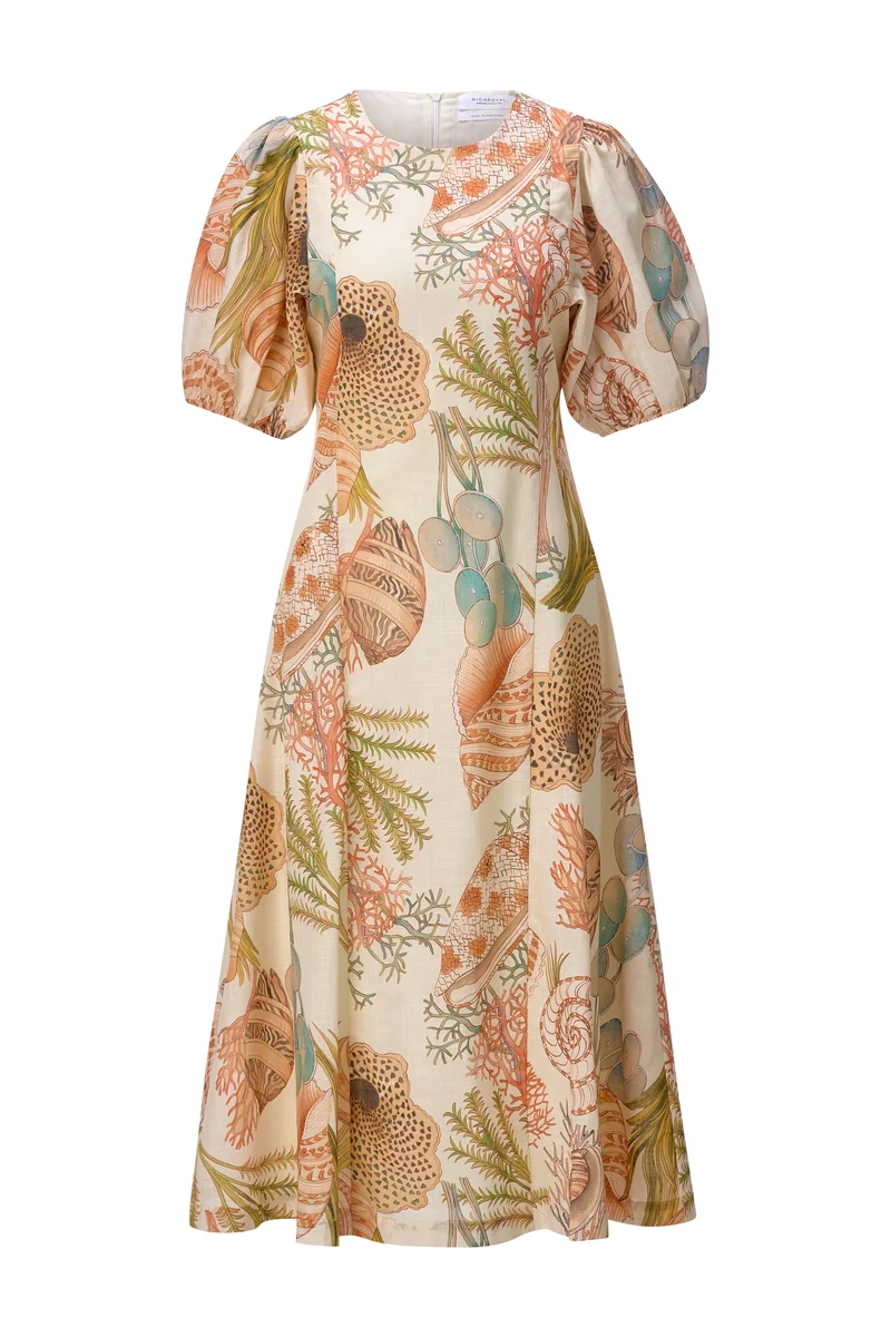 Printed Summer Cotton Midi Dress, soft papaya