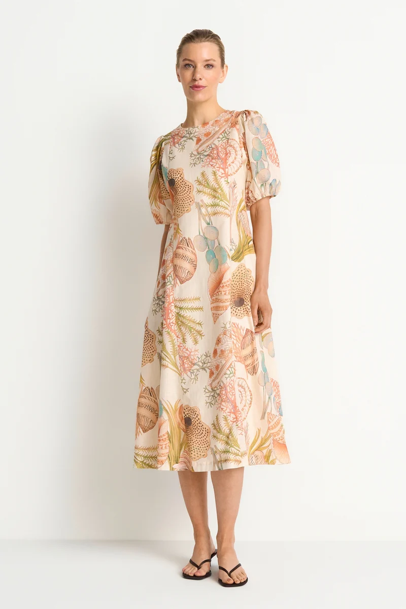 Printed Summer Cotton Midi Dress, soft papaya