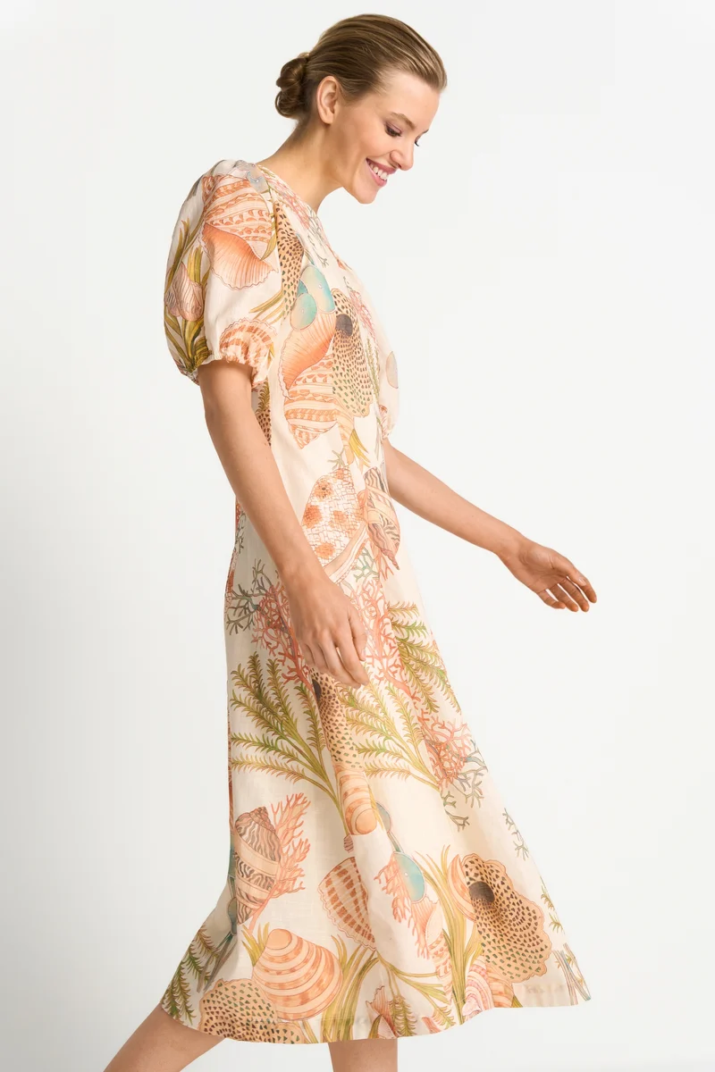 Printed Summer Cotton Midi Dress, soft papaya